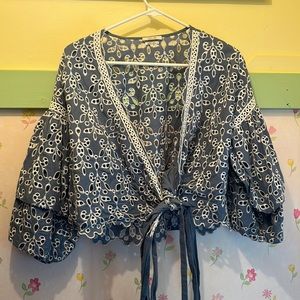 Saylor blue cutout eyelet puff sleeve top